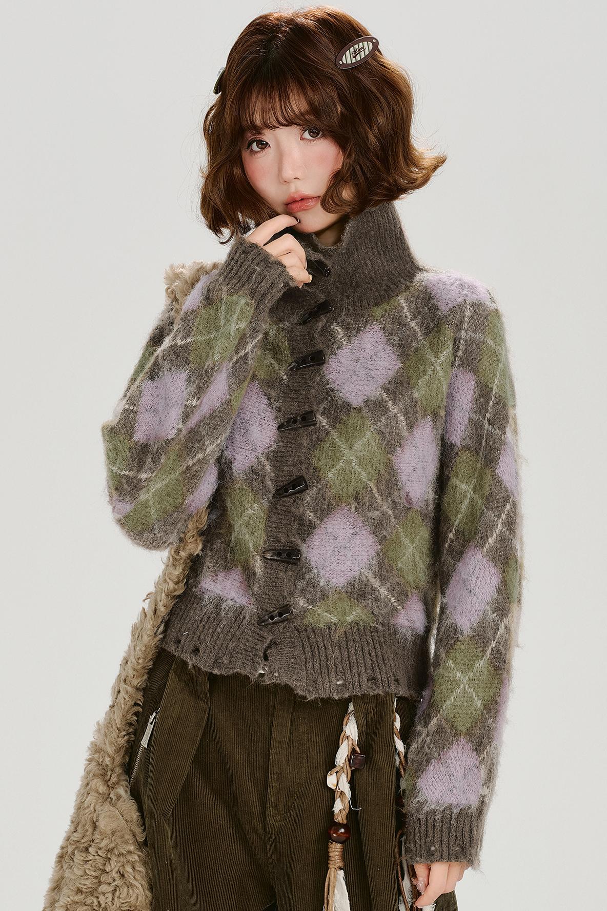 レトロチェックベルベットカーディガン