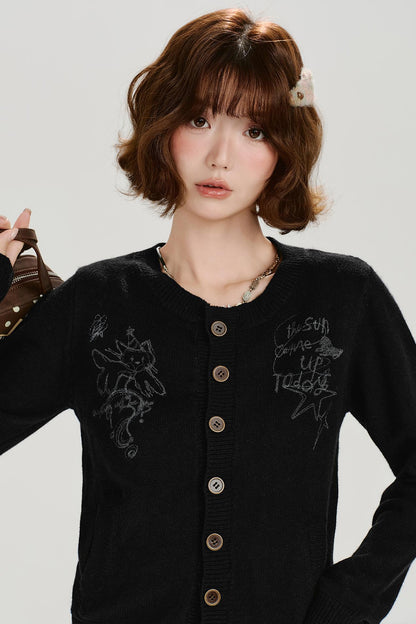 レトロプリンテッドニットカーディガンセットアップ