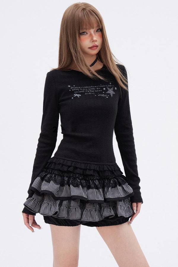 フリルヘムスリムフィットプリントTシャツ