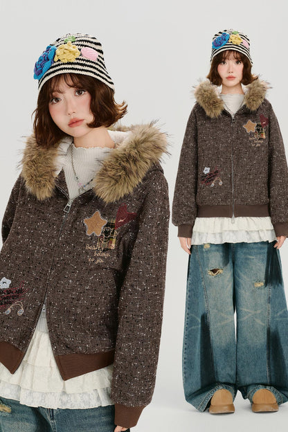 レトロファーカラーフーデッドジャケット