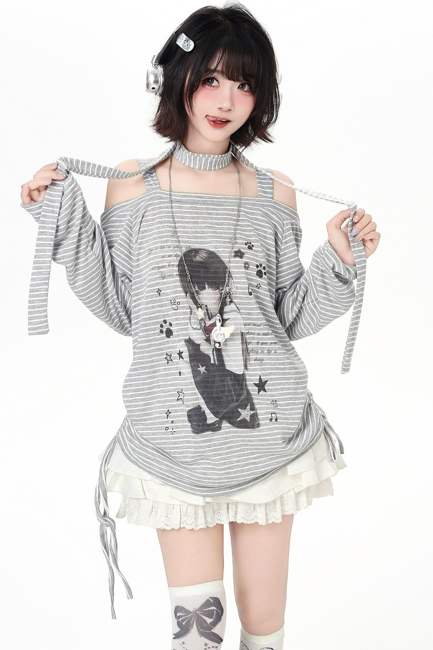 ストライプオフショルダードロストルーズロンT（ストール付き）