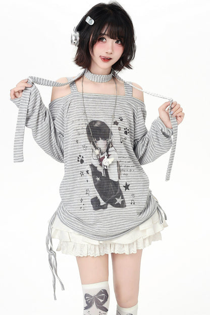 ストライプオフショルダードロストルーズロンT（ストール付き）