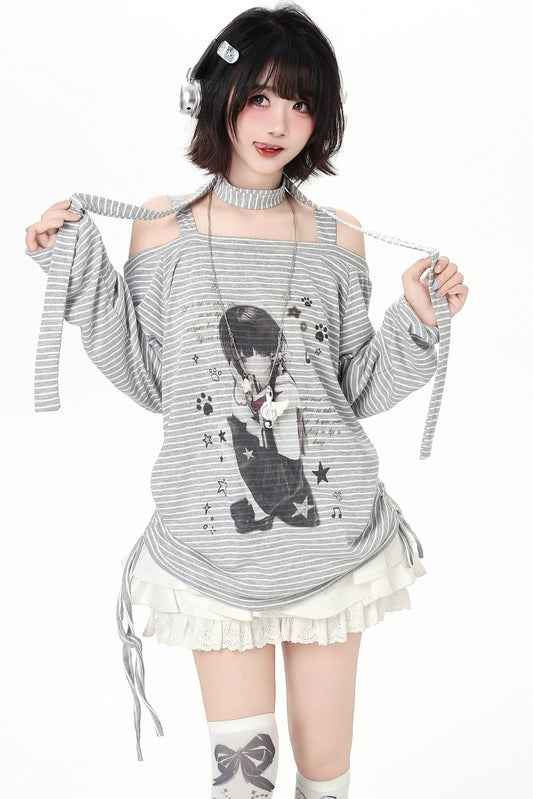 ストライプオフショルダードロストルーズロンT（ストール付き）