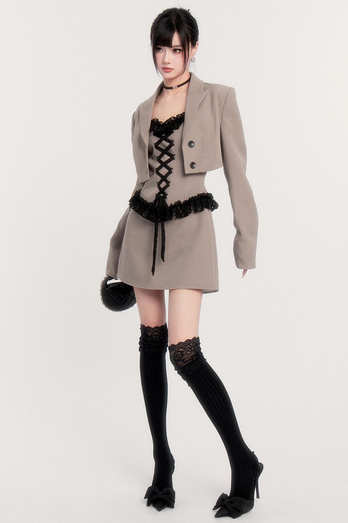 エレガントレースパッチワークドレス+ジャケット