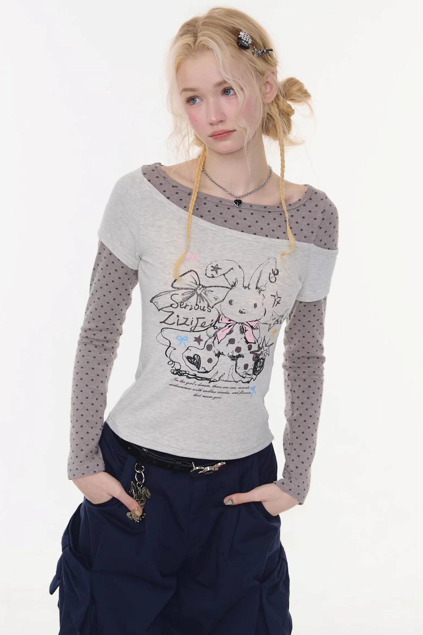 Gray Tone Rabbit Print Blouse