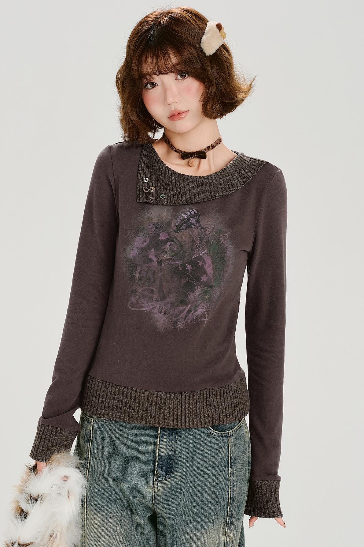 ブラウンレッドニットパッチワークトップ