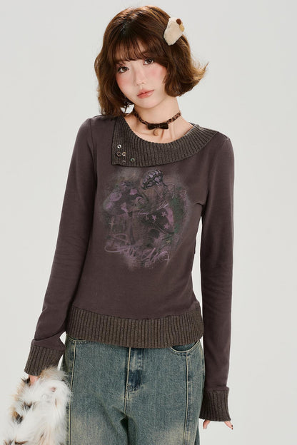 ブラウンレッドニットパッチワークトップ