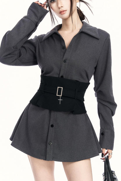 モードウエストマークレイヤードシャツ+ボトムス