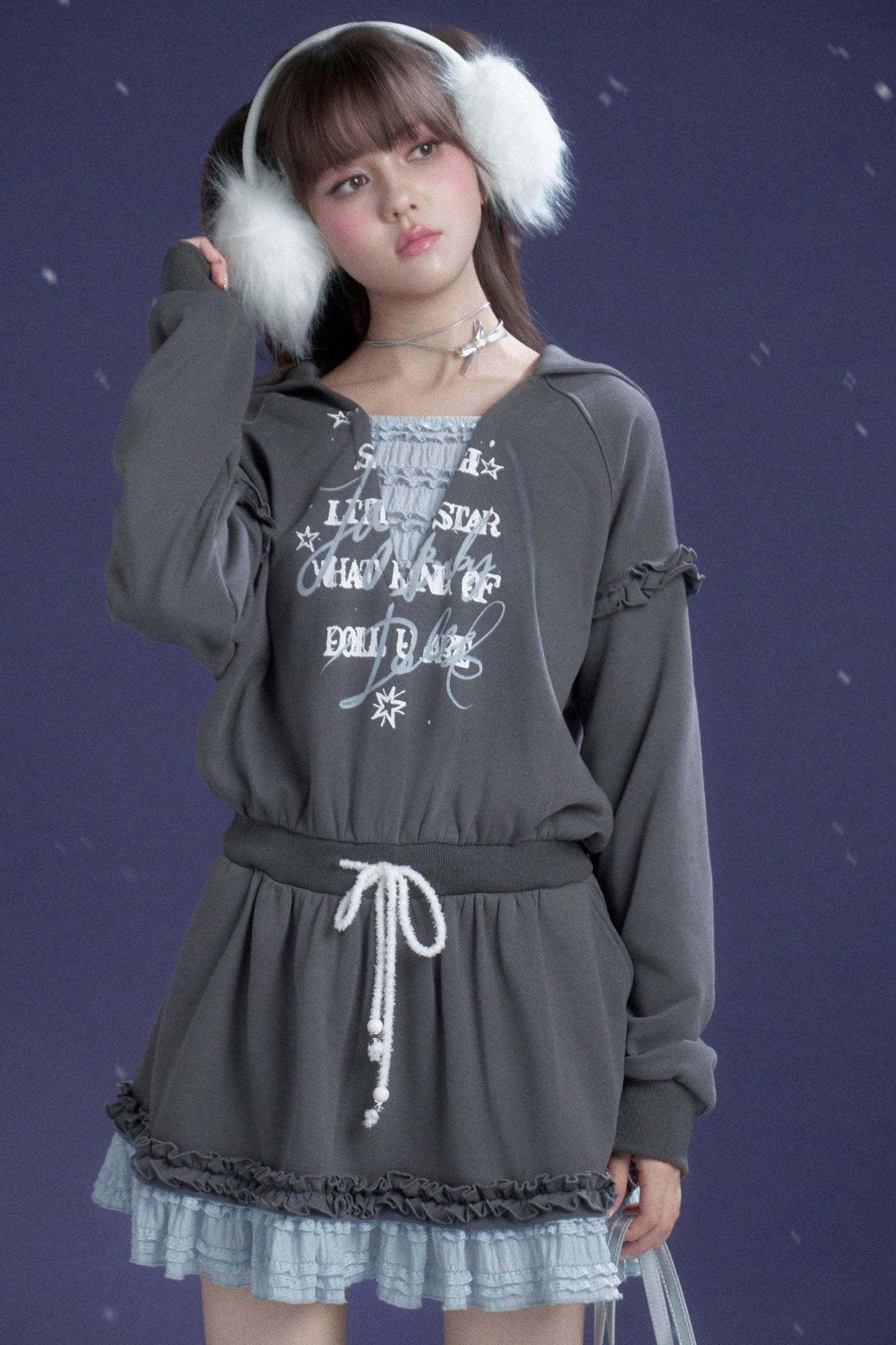 Gray-Blue Lace Hooded Dress