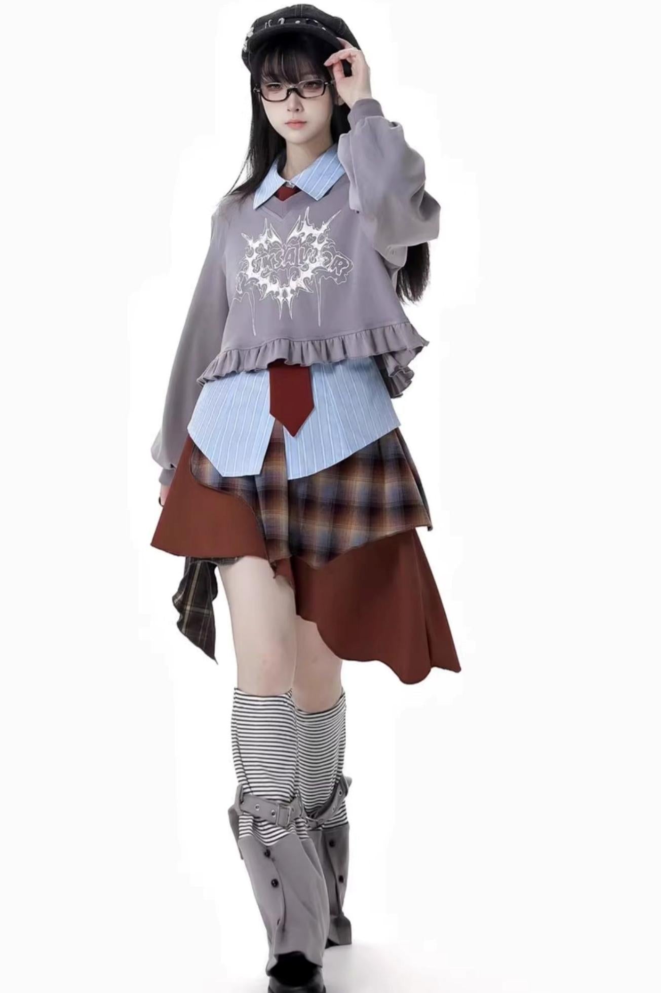 College Sweater + Checked Asymmetrical Skirt + Waist Shirt + Leg Warmers