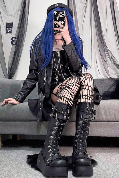 Punk-Langstiefel mit Kette und Plateausohle