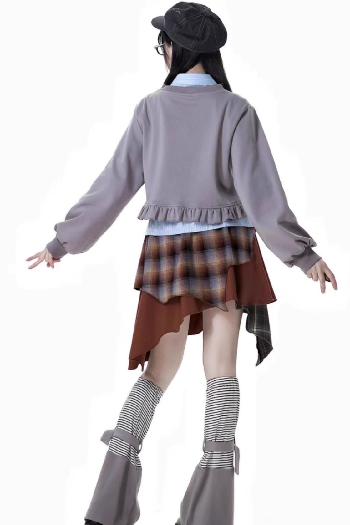 College Sweater + Checked Asymmetrical Skirt + Waist Shirt + Leg Warmers