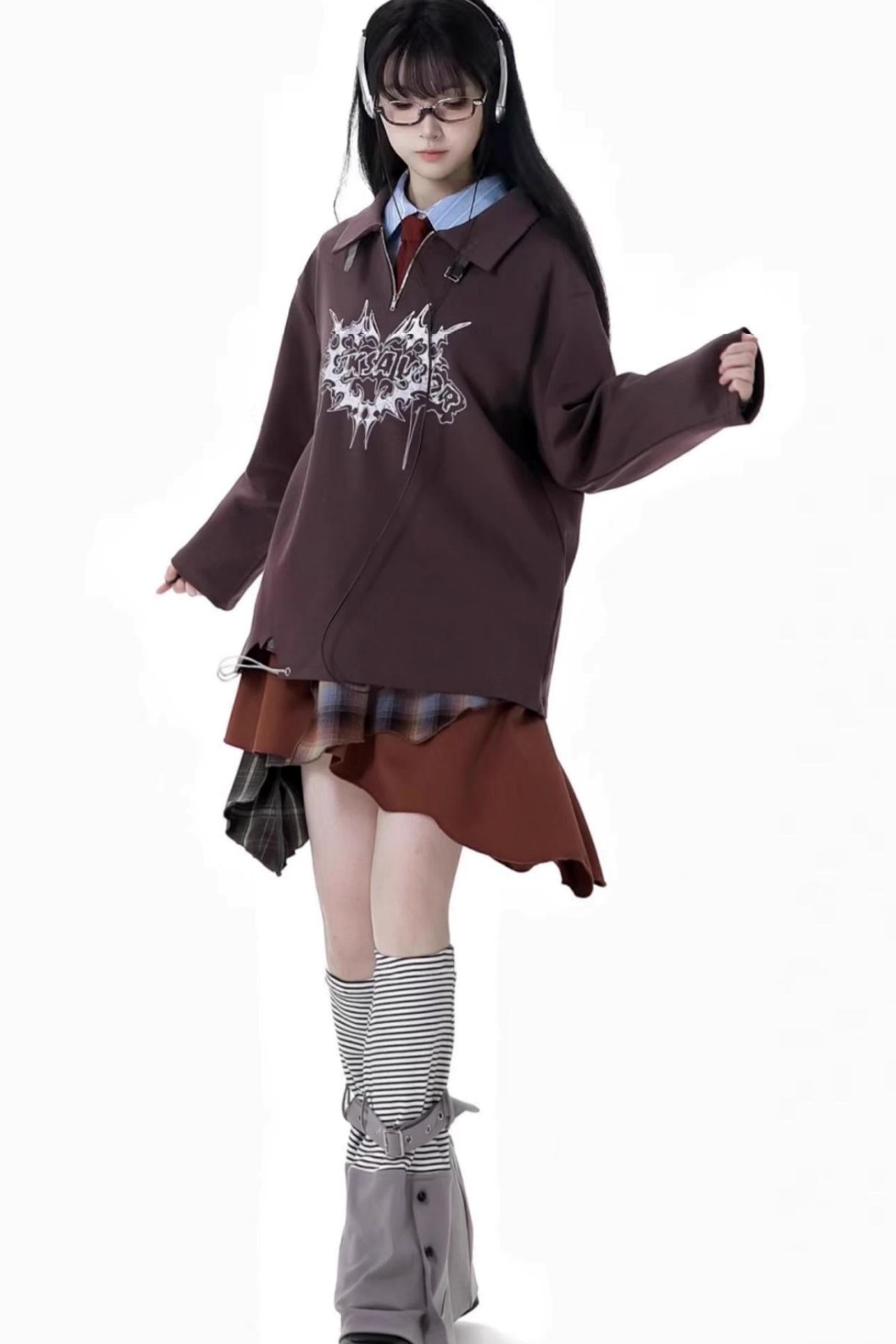 College Sweater + Checked Asymmetrical Skirt + Waist Shirt + Leg Warmers