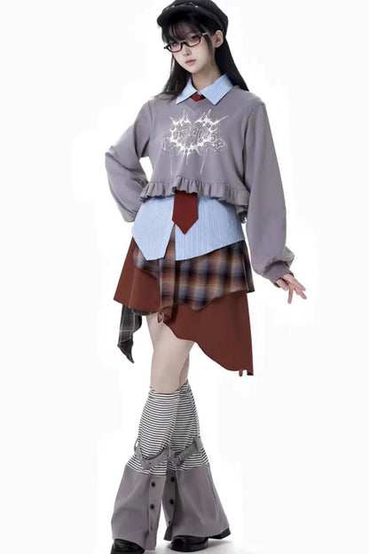 College Sweater + Checked Asymmetrical Skirt + Waist Shirt + Leg Warmers