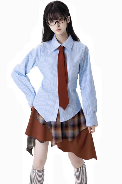 College Sweater + Checked Asymmetrical Skirt + Waist Shirt + Leg Warmers