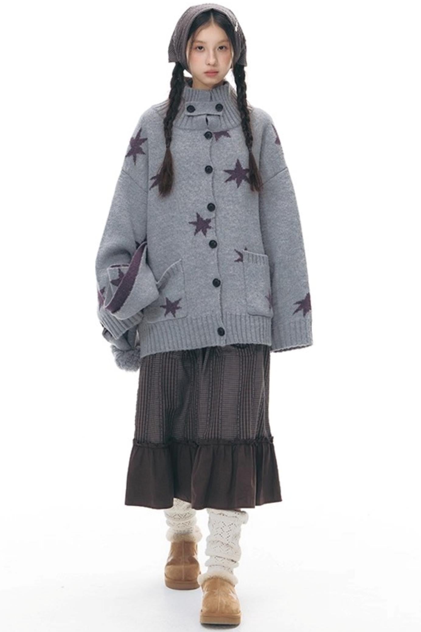 Reversible Star Cardigan + Fur Ball Hooded Scarf