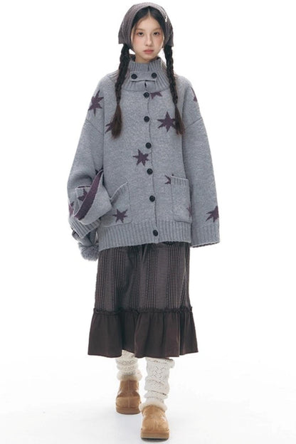 Reversible Star Cardigan + Fur Ball Hooded Scarf