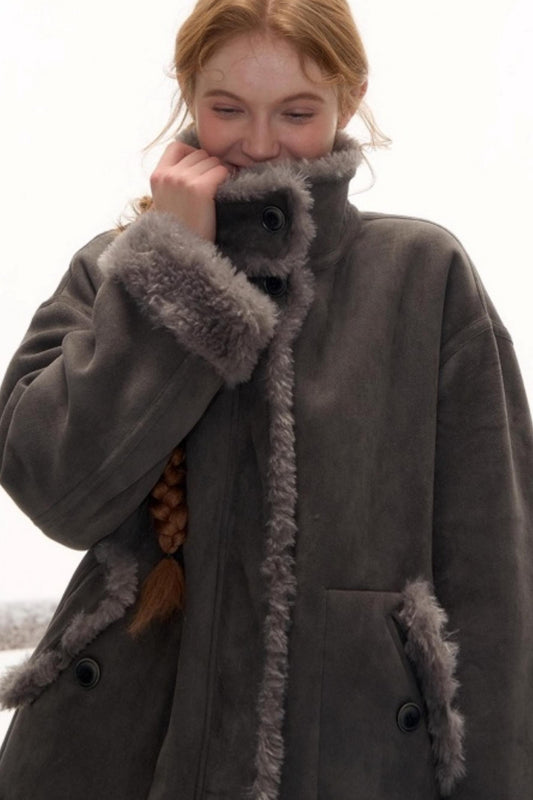 Reversible suede stand collar fur coat