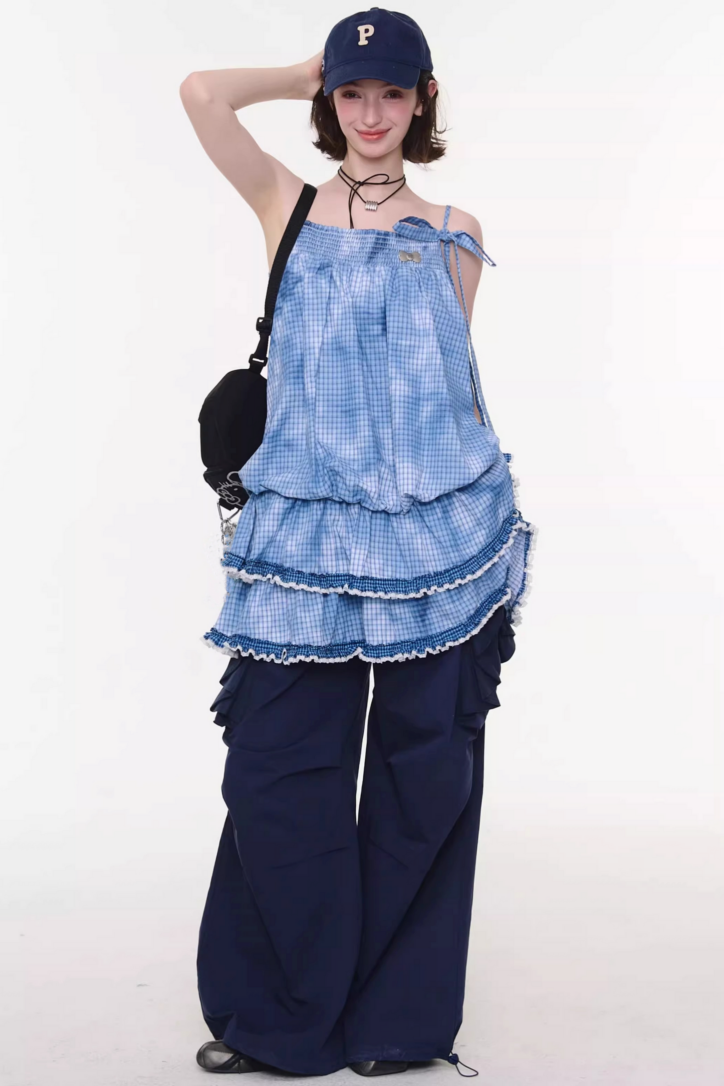 扎染蓝色格子蕾丝连衣裙