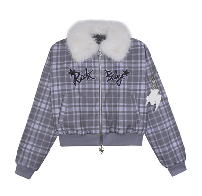 Purple Check Fur Collar Jacket