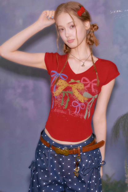 甜美蜜桃蝴蝶結上衣