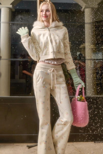 フローラルフラワーファーフードジャケット+ルーズコート+ロングパンツ