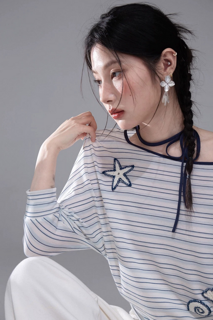 オフショルリボンスターフィッシュストライプTシャツ