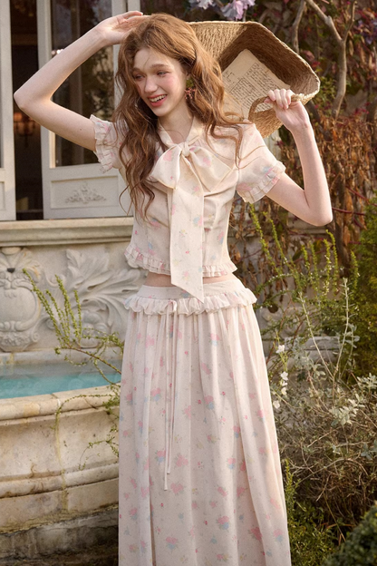 メディテラニアンプリントシフォントップス+スカート