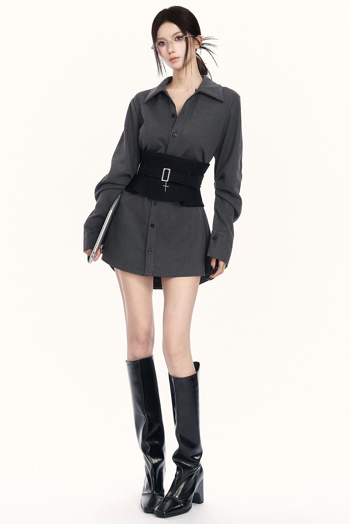 モードウエストマークレイヤードシャツ+ボトムス