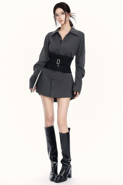 モードウエストマークレイヤードシャツ+ボトムス