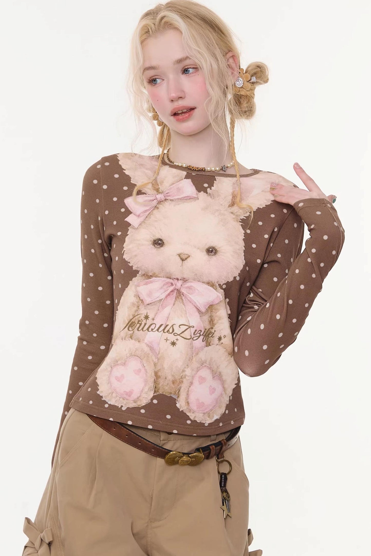 Polka Dot Rabbit Print Top