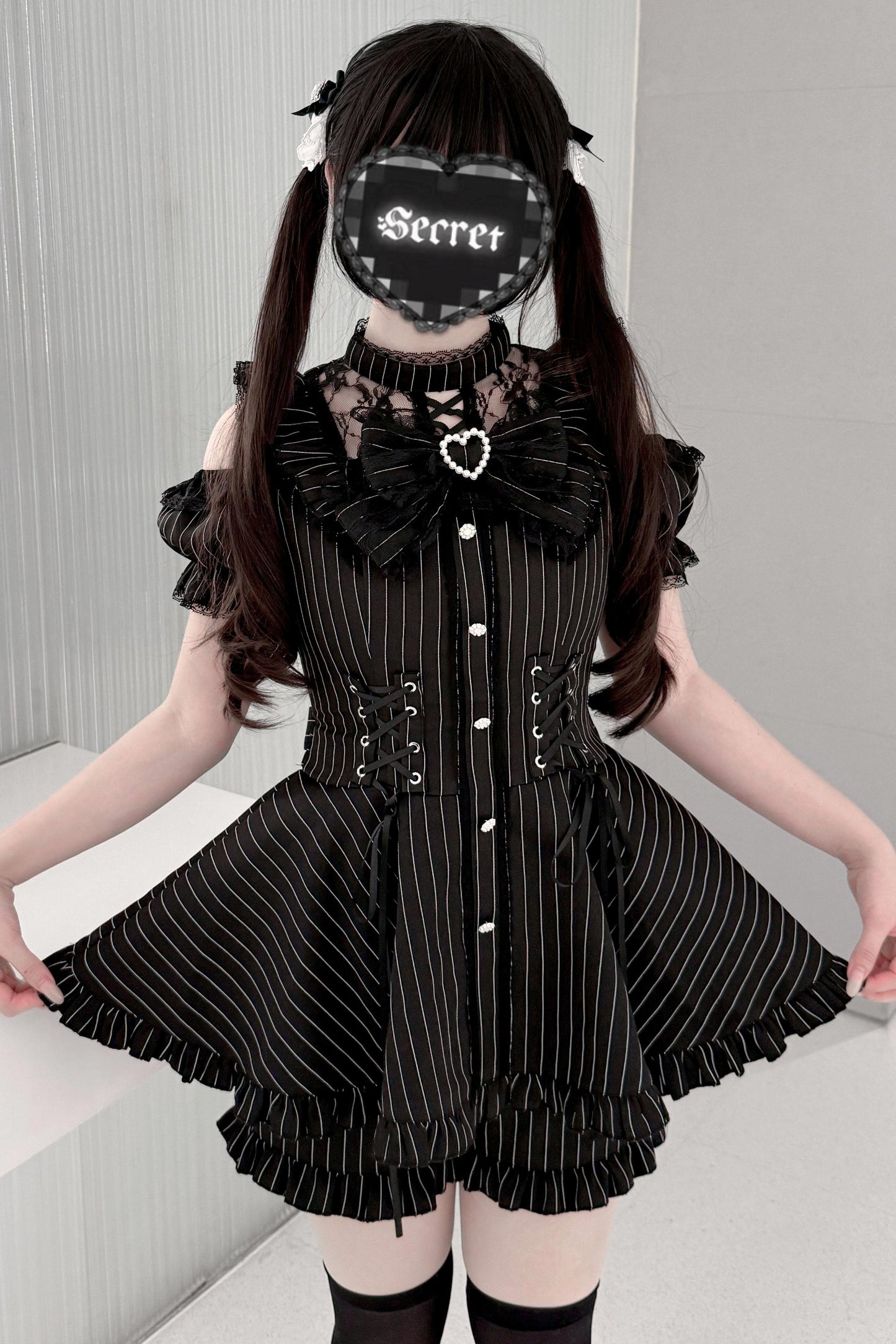 ブラック/ストライプゴシックレースリボンドレスセットアップ