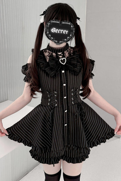 ブラック/ストライプゴシックレースリボンドレスセットアップ