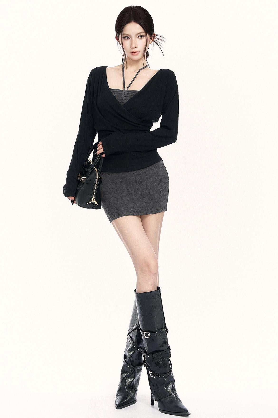 クロスネックドレス+トップス