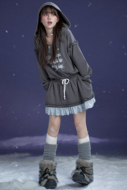 Gray-Blue Lace Hooded Dress