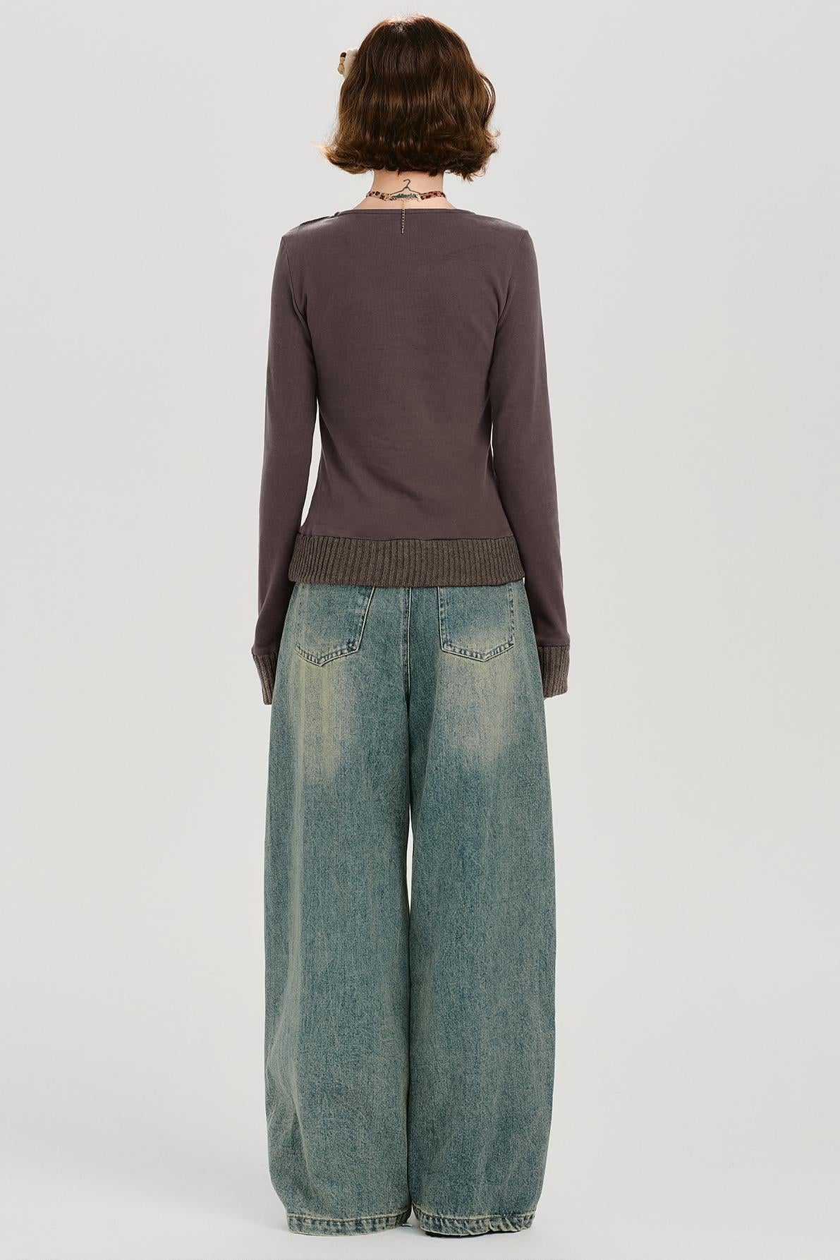 ブラウンレッドニットパッチワークトップ