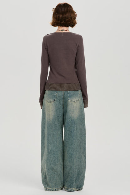 ブラウンレッドニットパッチワークトップ