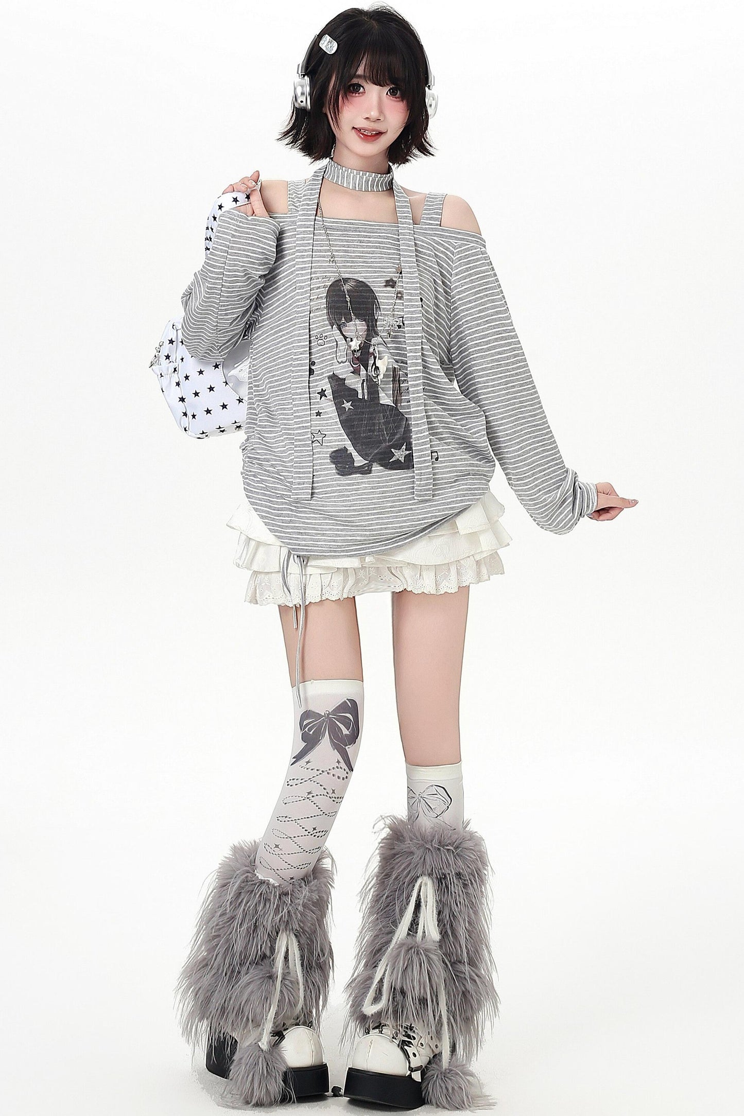 ストライプオフショルダードロストルーズロンT（ストール付き）