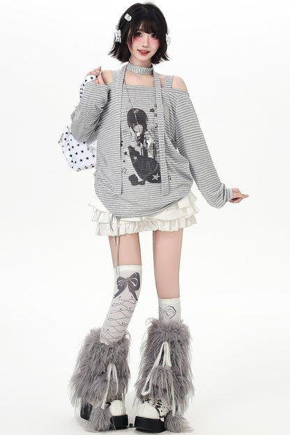 ストライプオフショルダードロストルーズロンT（ストール付き）