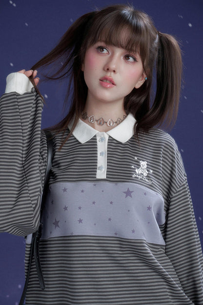 Gray and Purple Striped Polo Top