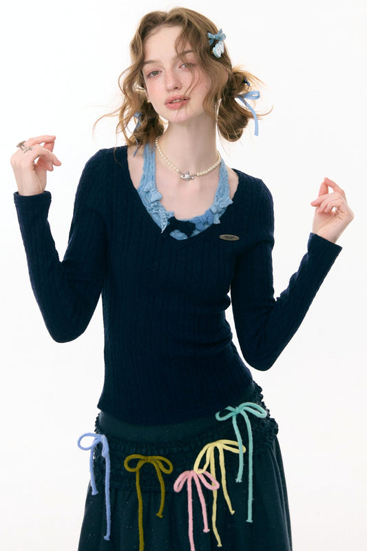 Open Neck Slim Knit Top