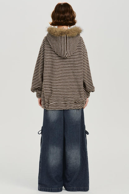 ボーダーファーカラーフーデッドスウェット