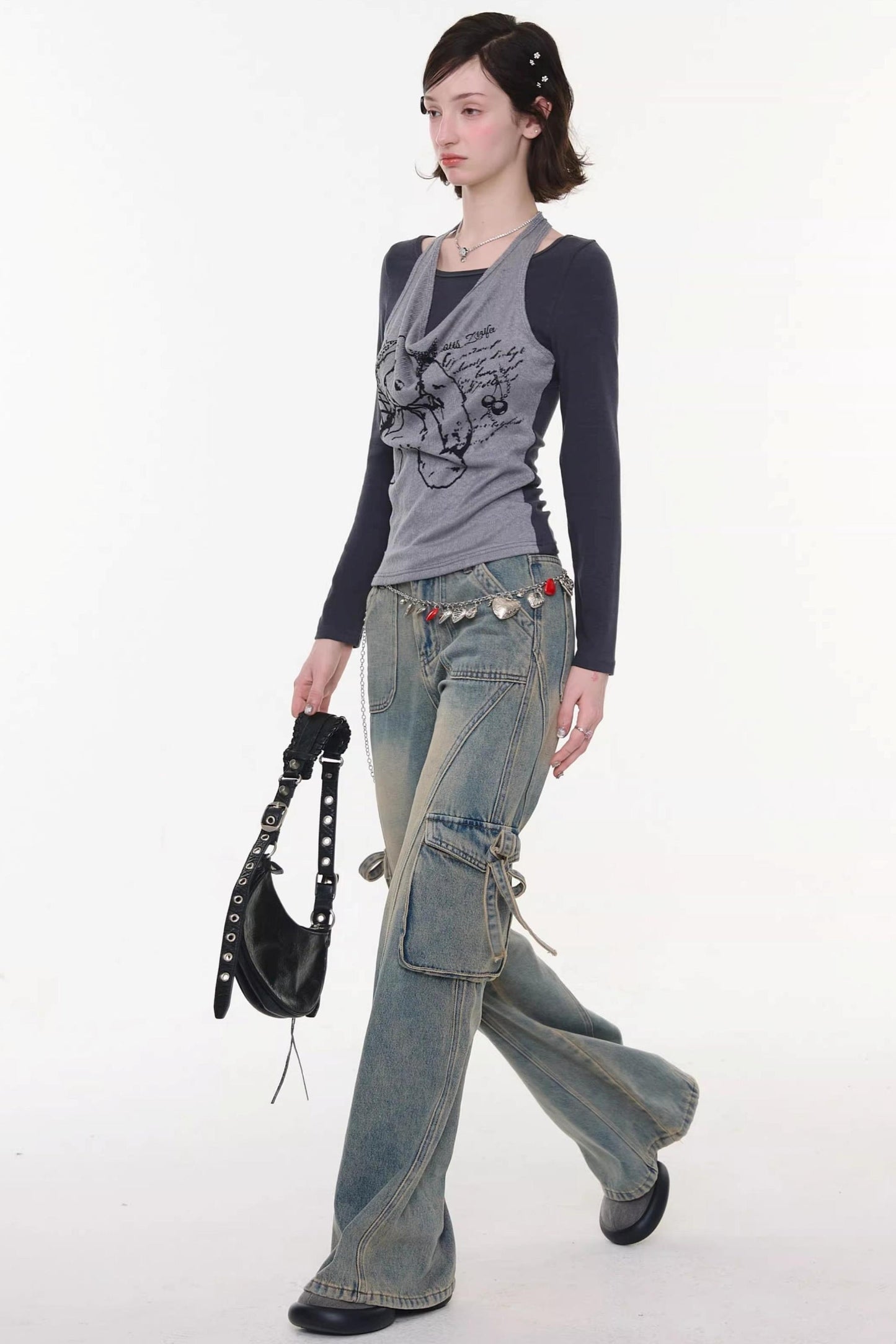 Ribbon Osh Pocket Flare Denim Pants