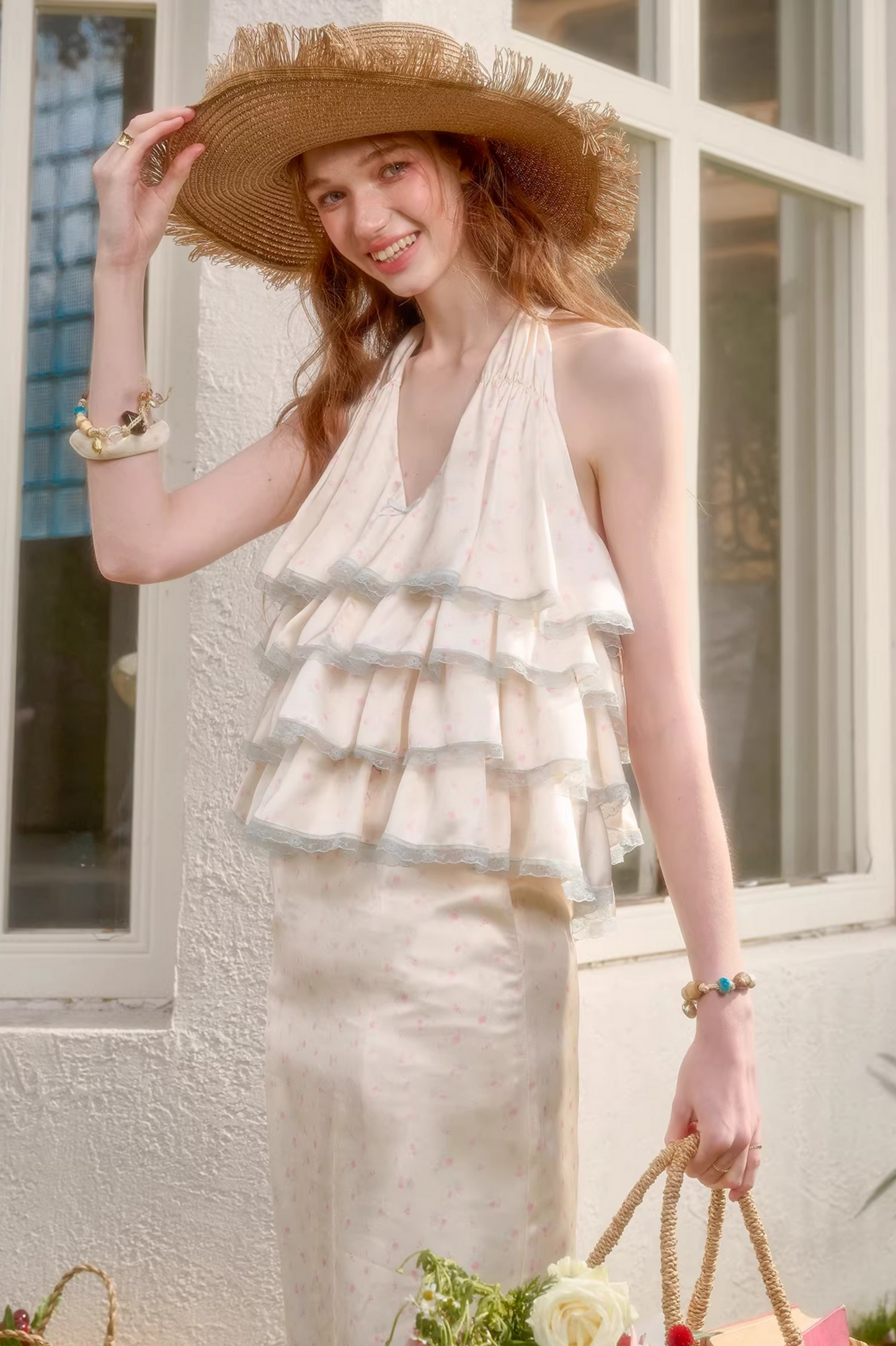 Lemon Floral Satin Lace Top + Skirt