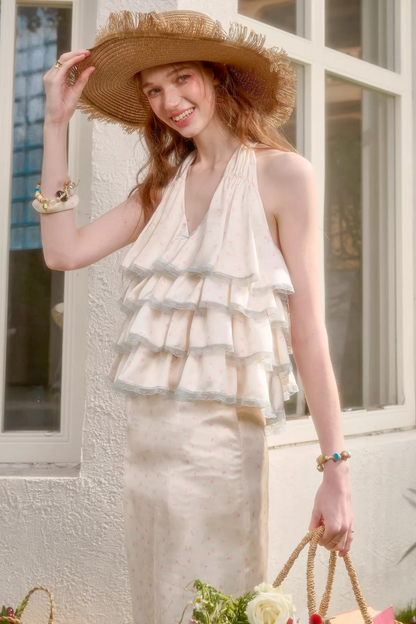 Lemon Floral Satin Lace Top + Skirt