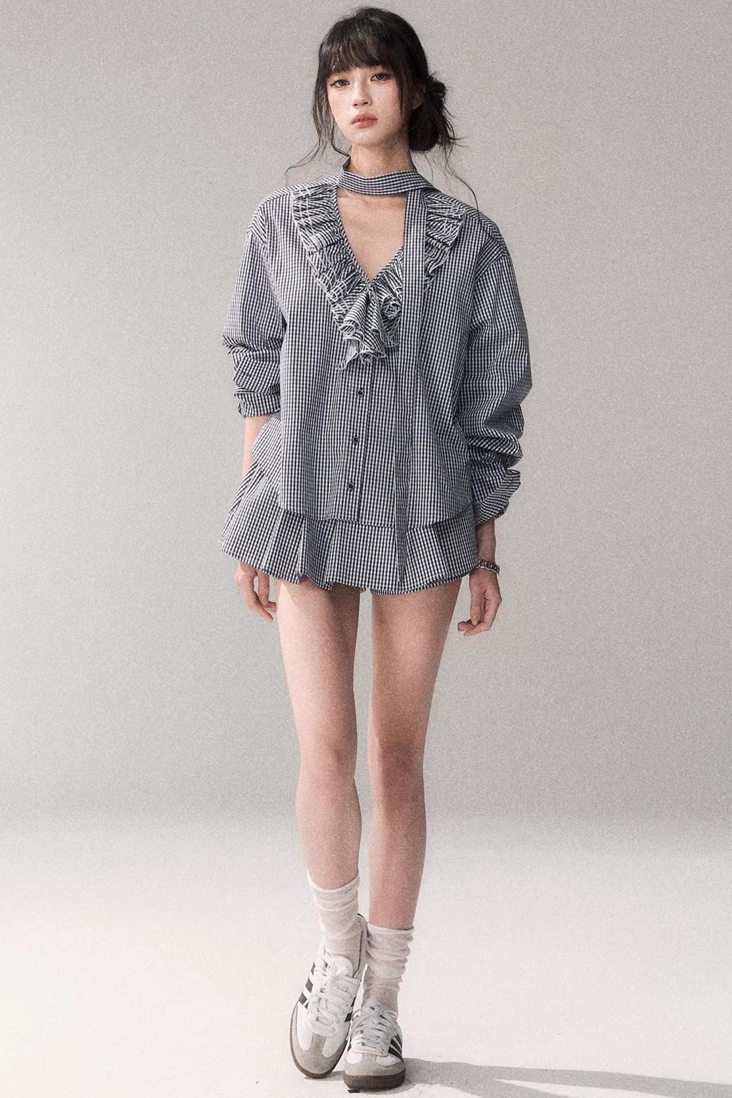 Blue Plaid Lace Blouse + Skirt