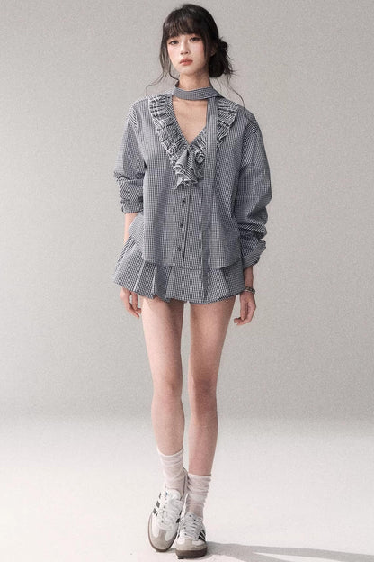 Blue Plaid Lace Blouse + Skirt