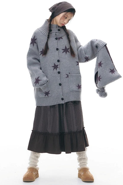 Reversible Star Cardigan + Fur Ball Hooded Scarf