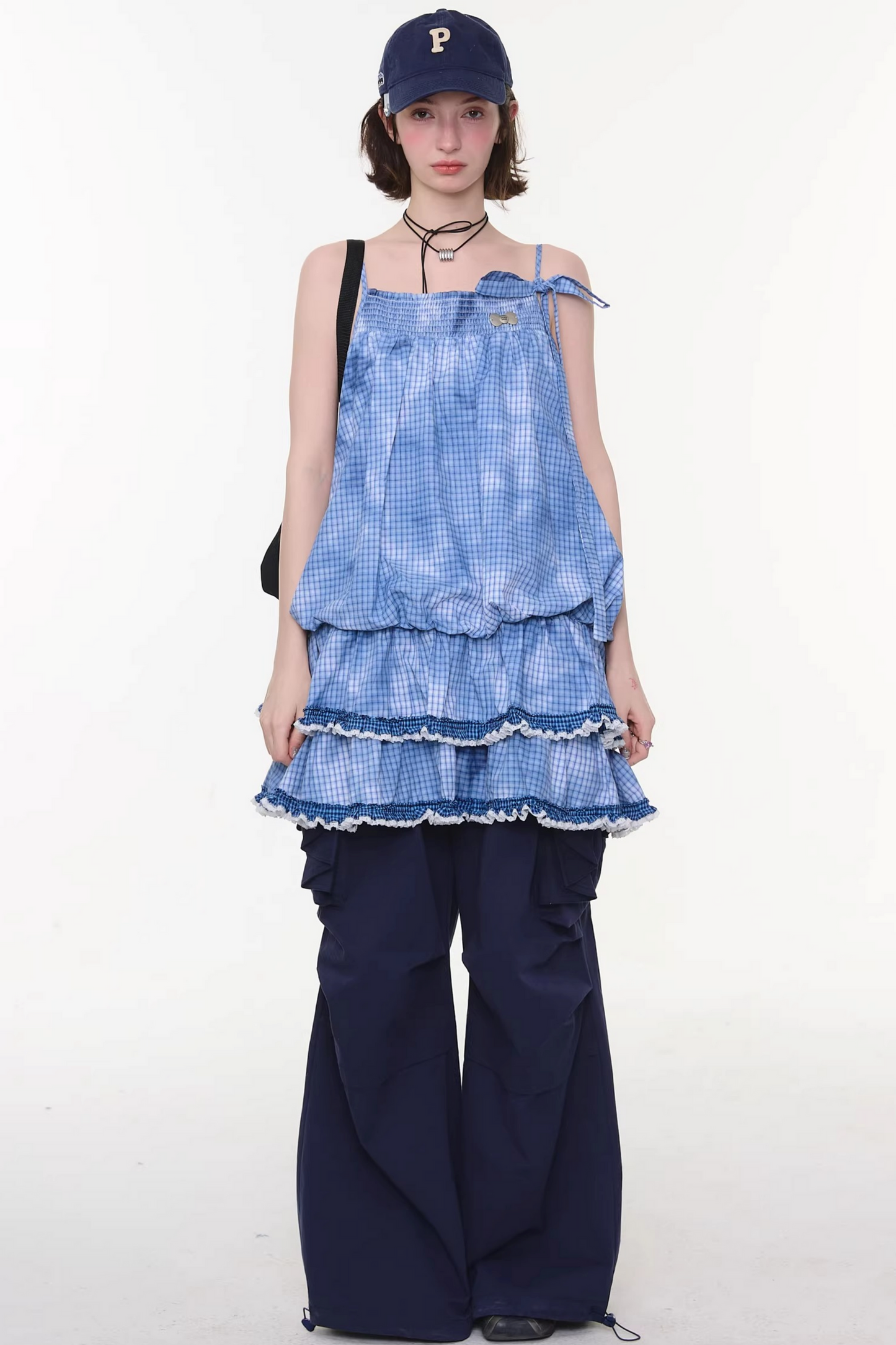 扎染蓝色格子蕾丝连衣裙