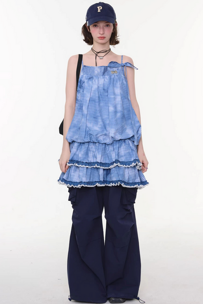 扎染蓝色格子蕾丝连衣裙